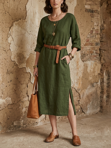 Women’s Casual Olive Green Linen-Cotton Round Neck Side Slit Straight Midi Dress MDZ2027D7GMJ