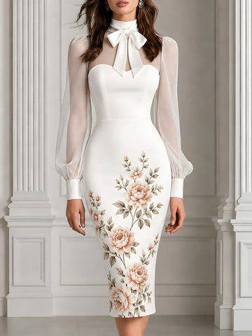 Sheer Puff Sleeve Floral Print Satin Bodycon Midi Dress