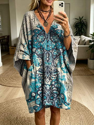 Women's Retro Bohemian-Style Ethnic Floral Art Print Batwing Sleeve Casual Fashion Dress
