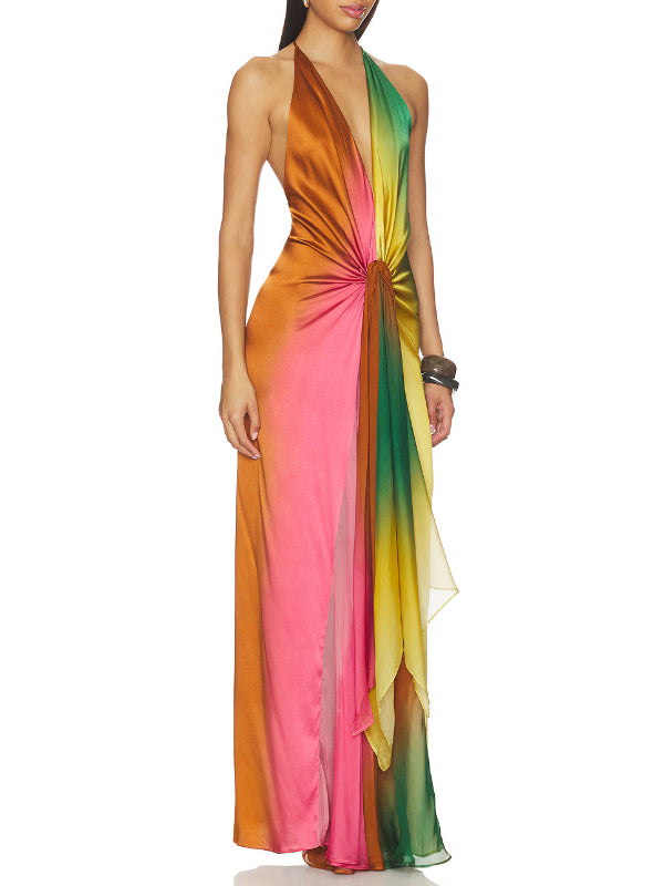Rainbow Halter Deep V Twist Satin Maxi Dress