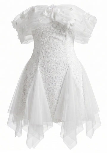 Floral Mesh Bardot Lace Dress White