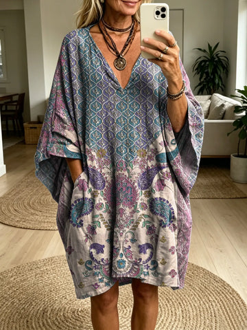 Women's Retro Ethnic Floral Art Print Casual Fashion Batwing Sleeve Dress
