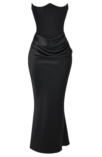 Strapless Corset Draped Maxi Dress Black