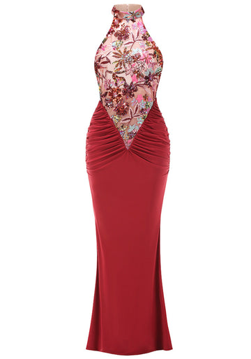 Halter Floral Sequin Embroidered Maxi Dress Red