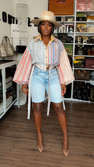 Striped Balloon Sleeve Wrap Tie Crop Blouse