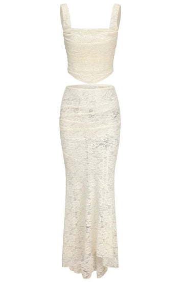 Ruched Lace Corset Two Piece Maxi Dress Ivory