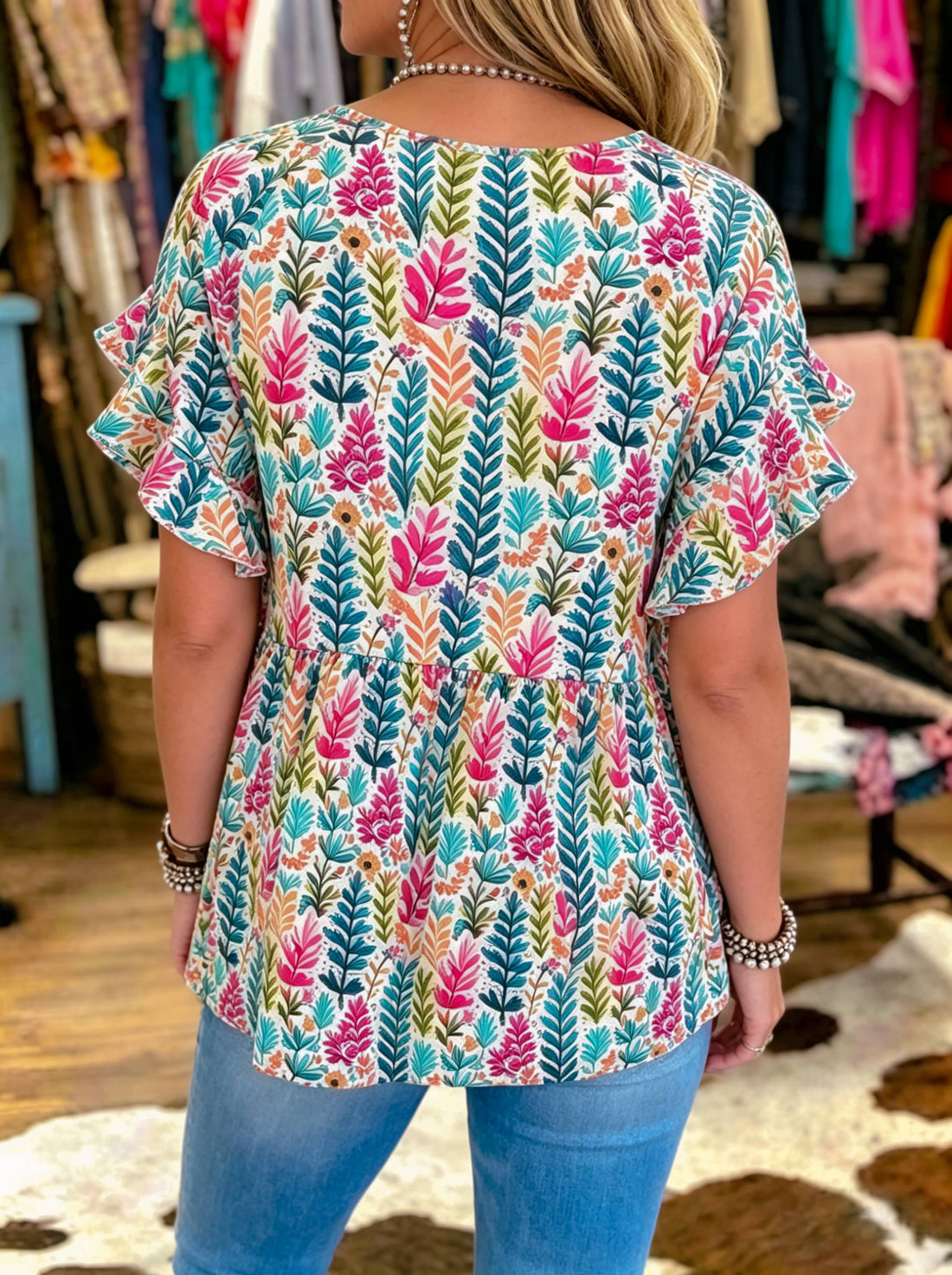 V-neck Tropical Botanical Print Peplum Top