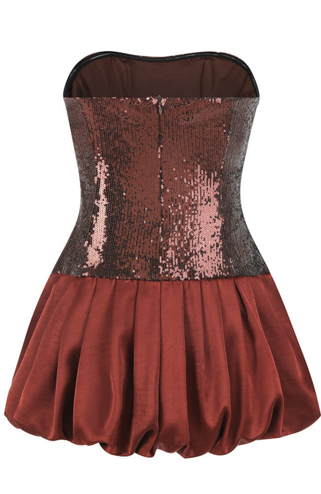 Strapless Sequin Puff Dress Brown