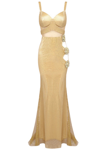 Floral Detail Sparkly Maxi Dress Gold