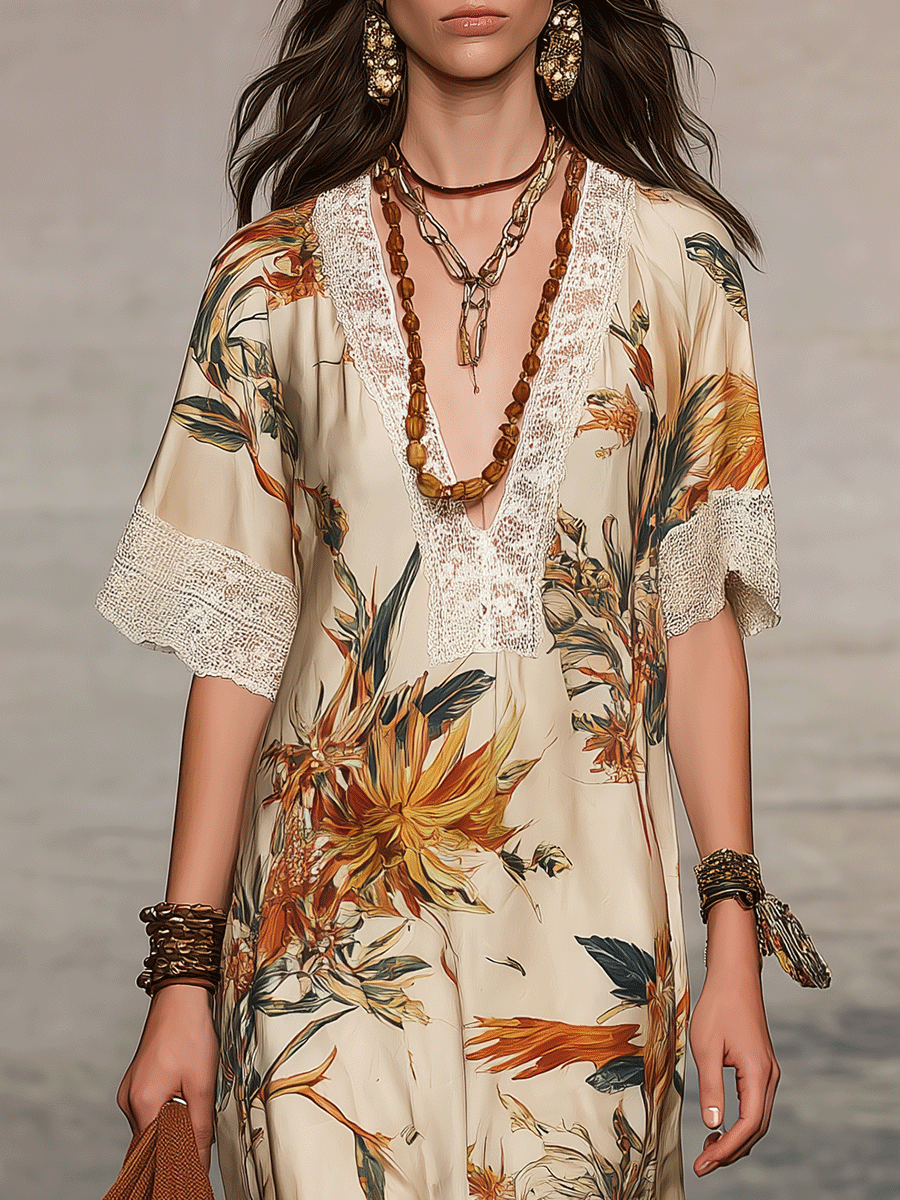 Vintage-Inspired Flowing Midi Dress With Vibrant Botanical Prints And Boho Vibes