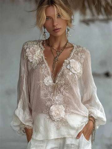 Vintage White Roses Fiber Art Lace Embroidered Flowy Tunic