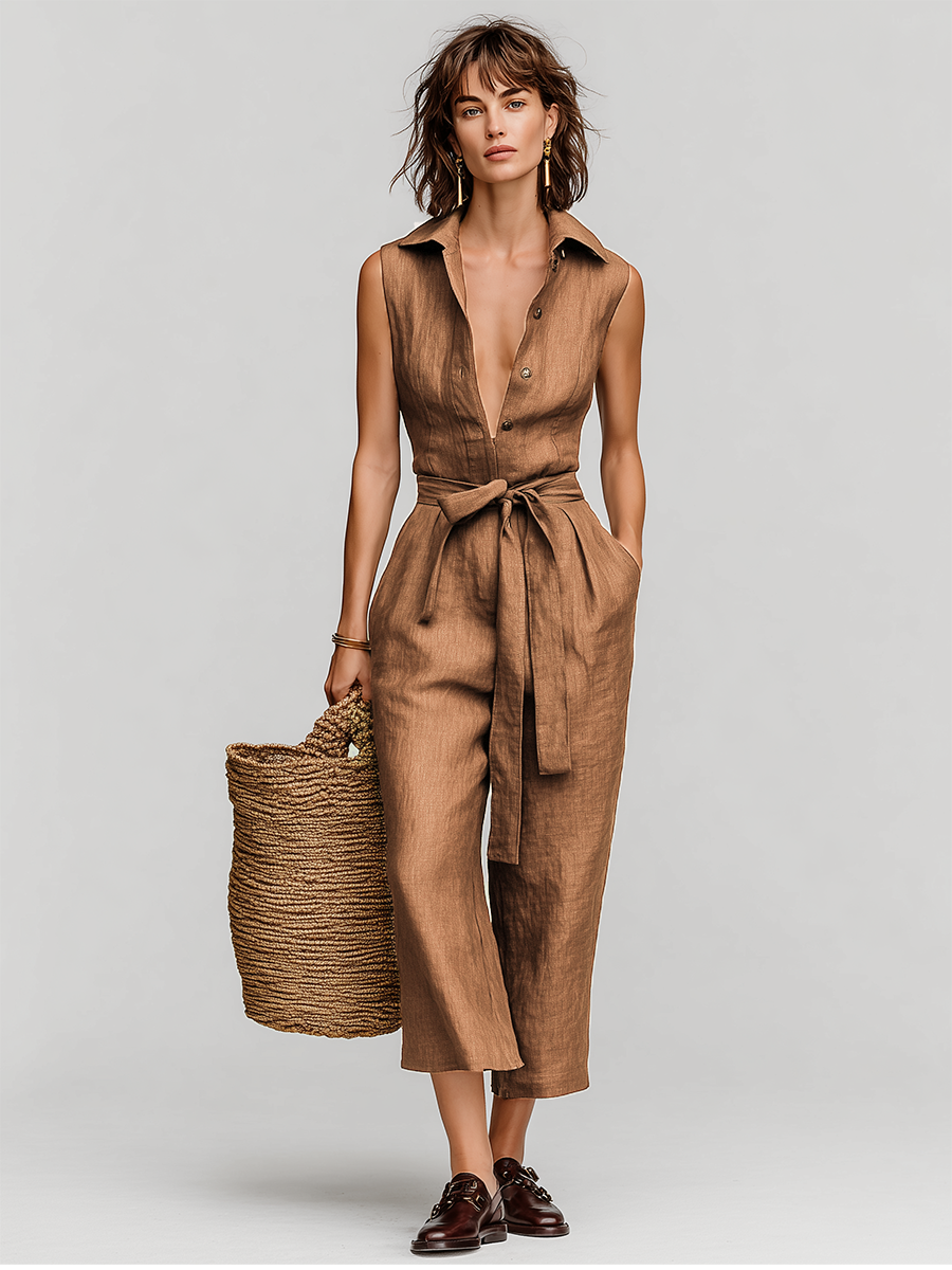 Women's Tobacco Brown Linen Jumpsuit With Self-Tie Waist & Collared V-Neck, Timeless Resort-Casual Style Jumpsuit MDZ0638B5I