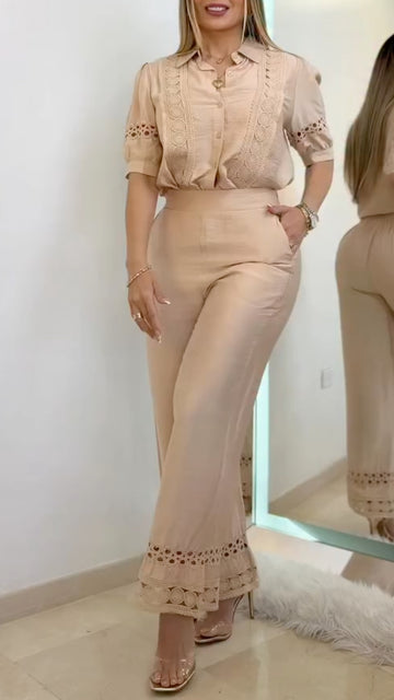 Lace Eyelet Shirt + High Waist Lace Hem Flared Pants Two Piece