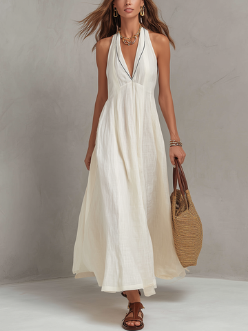 Minimalist Linen Halter Neck V Neck A Line Maxi Dress