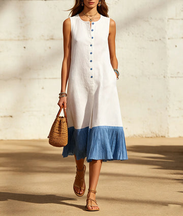 Women's Sleeveless Button-Front Midi Dress with Pleated Hem
