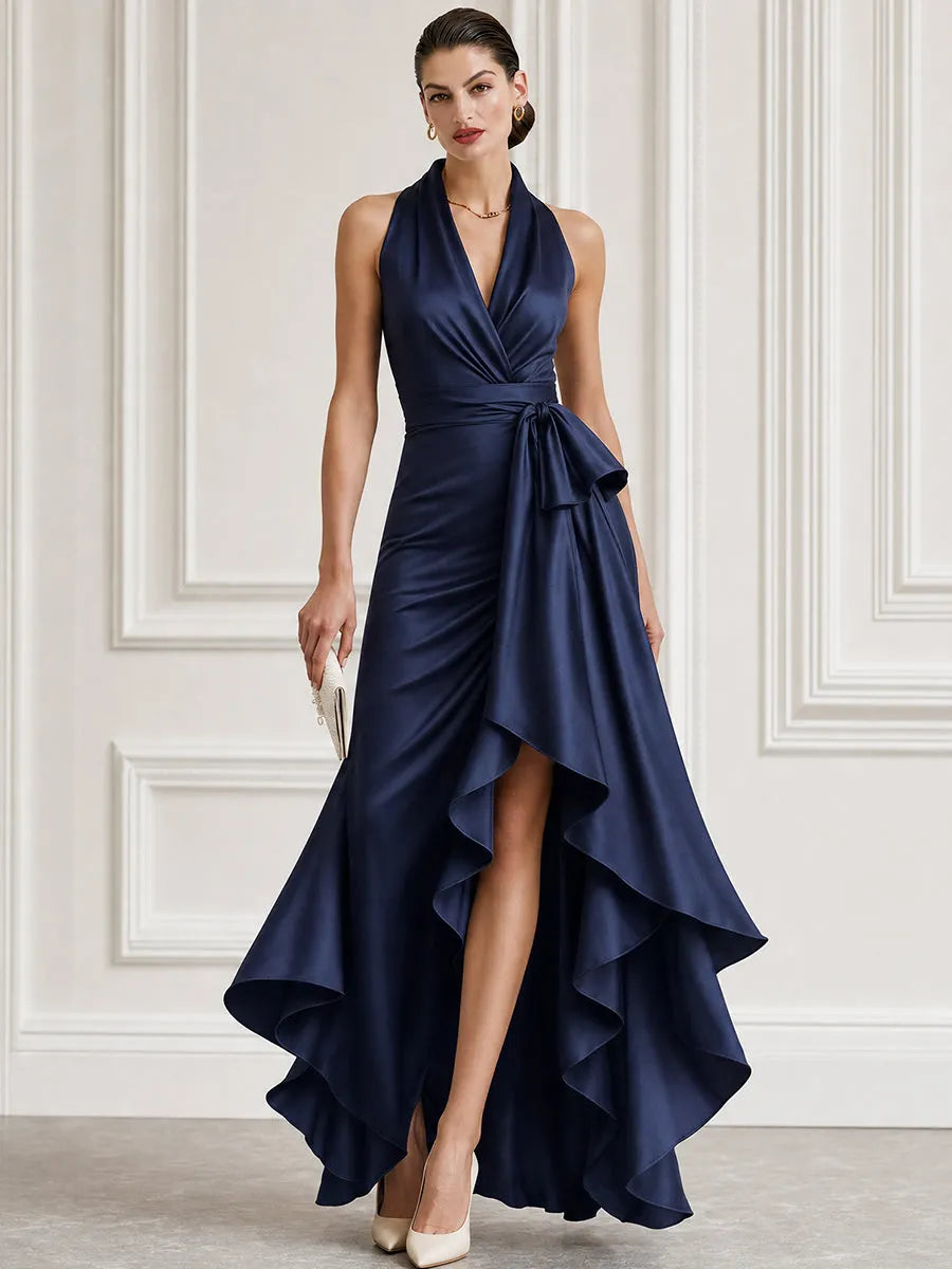 Satin Halter Bow-Waist High-Low Maxi Gown