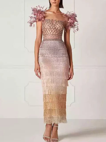 Embellished Tiered Tassel Gown with Short Feather Sleeves