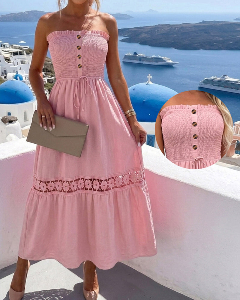 Women's Strapless Shirred Maxi Dress Lace Splice Tied Detail Frill Trim Sundress with Detachable Clear Straps