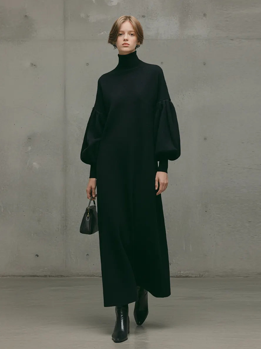 Women's Modern Black Turtleneck Puff-Sleeve Sweatshirt Maxi Dress MDA1503L6AU