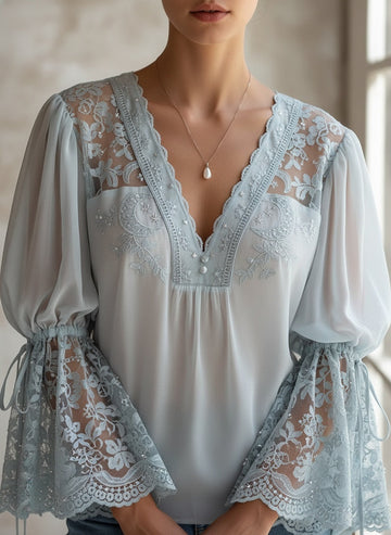 Elegant Powder Blue Lace & Chiffon Blouse with Bell Sleeves