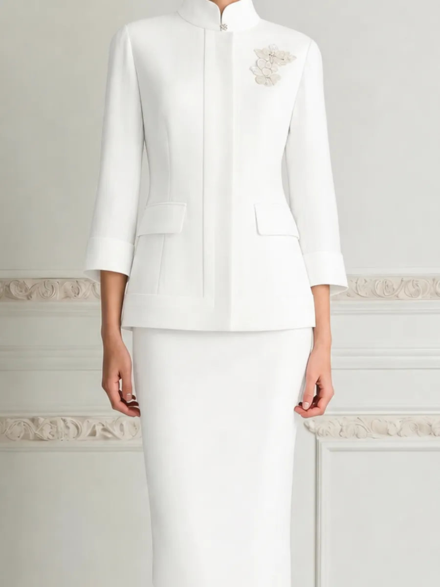 White Stand-Collar Floral Appliqué Fitted Suit And Pencil Skirt Set