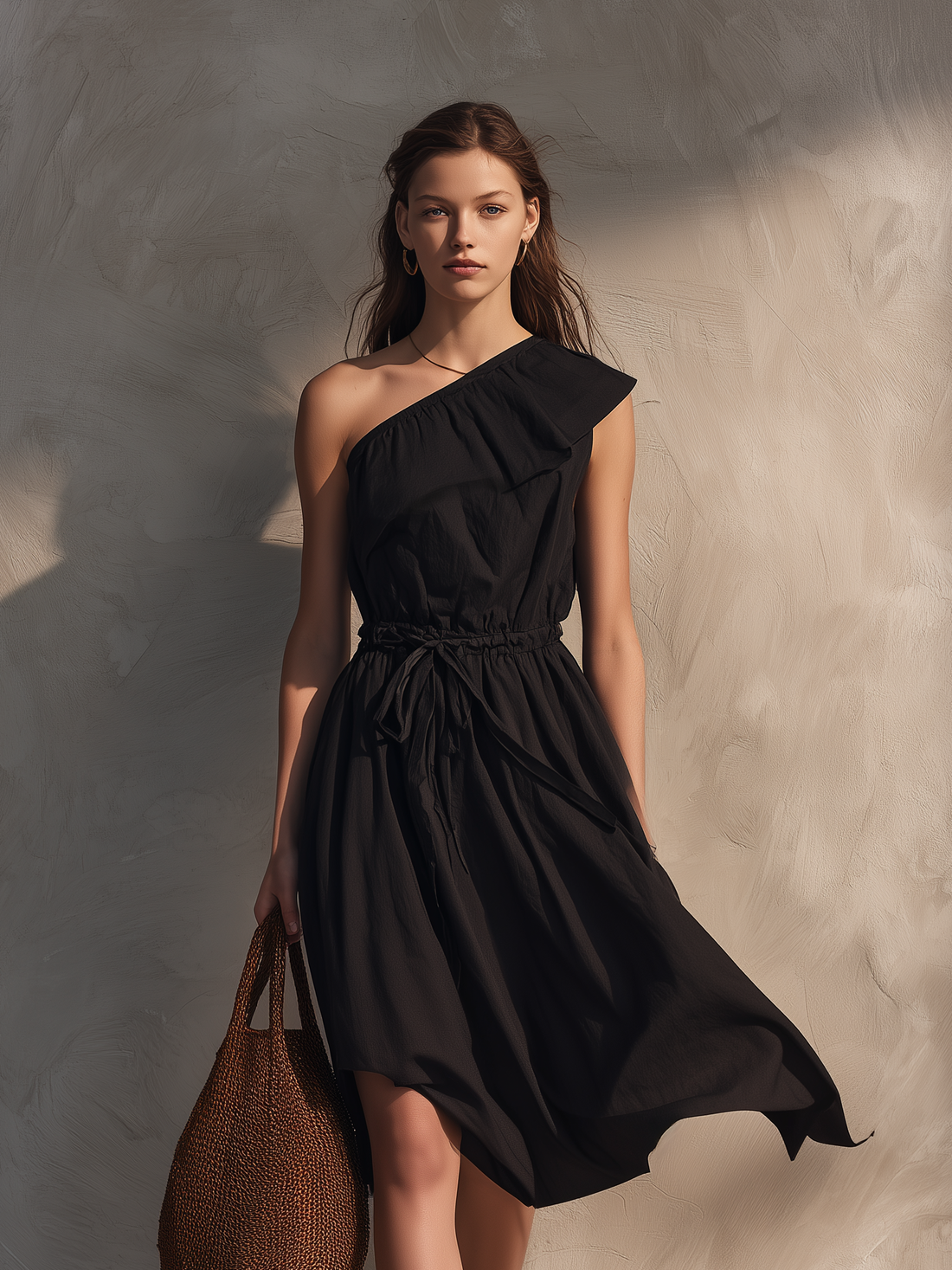 Women's Casual Black Cotton-Linen Asymmetrical-Shoulder Sleeveless Midi Dress MDZ2398D0LXY