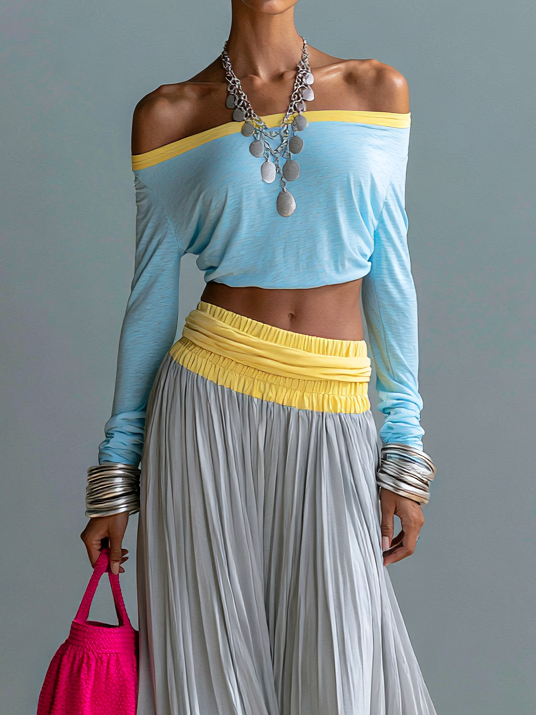 Off-Shoulder Color-Block Top and Pleated Skirt Vacation Two-Piece Set