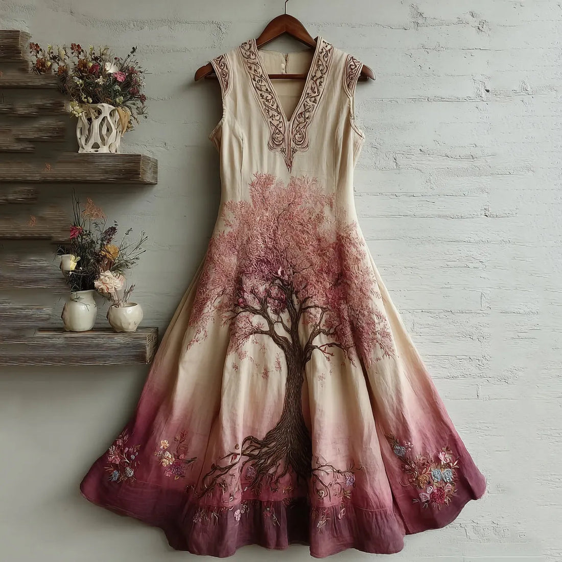Women's Tree Of Life Pink Ribbon Embroidery Tank Maxi Dress