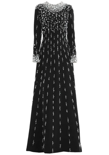 Long Sleeve Crystal Pearl Sequin Maxi Dress Black