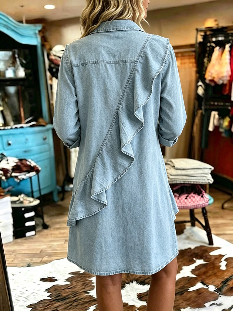 Women's Vintage V-neck Ruffles Patchwork Denim Dress