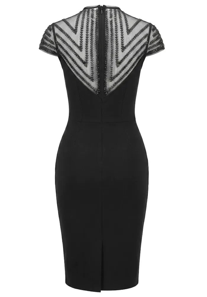 Cap Sleeve Embellished Mesh Midi Dress Black