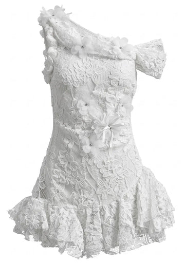 One Shoulder Bardot Floral Lace Dress White