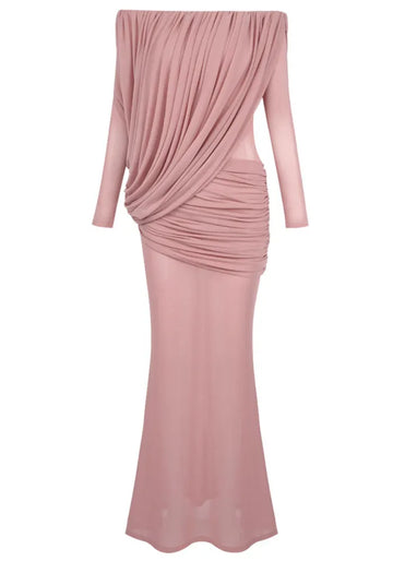 Long Sleeve Draped Bardot Maxi Dress Pink