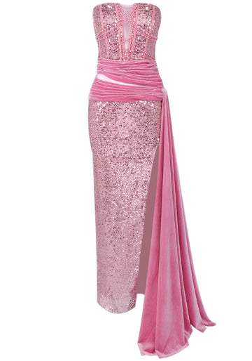 Strapless Sequin Draped Maxi Dress Pink