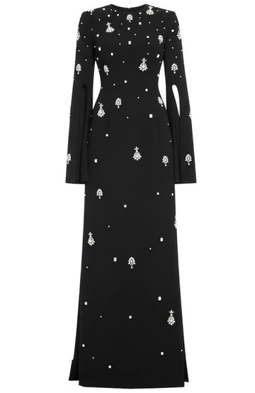 Long Cape Sleeve Crystal Maxi Dress Black