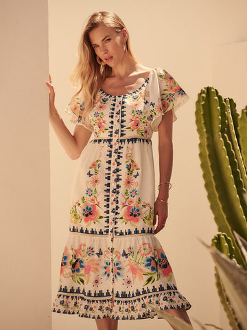 Linen like Floral Geometric Ruched Maxi Dress Vacation