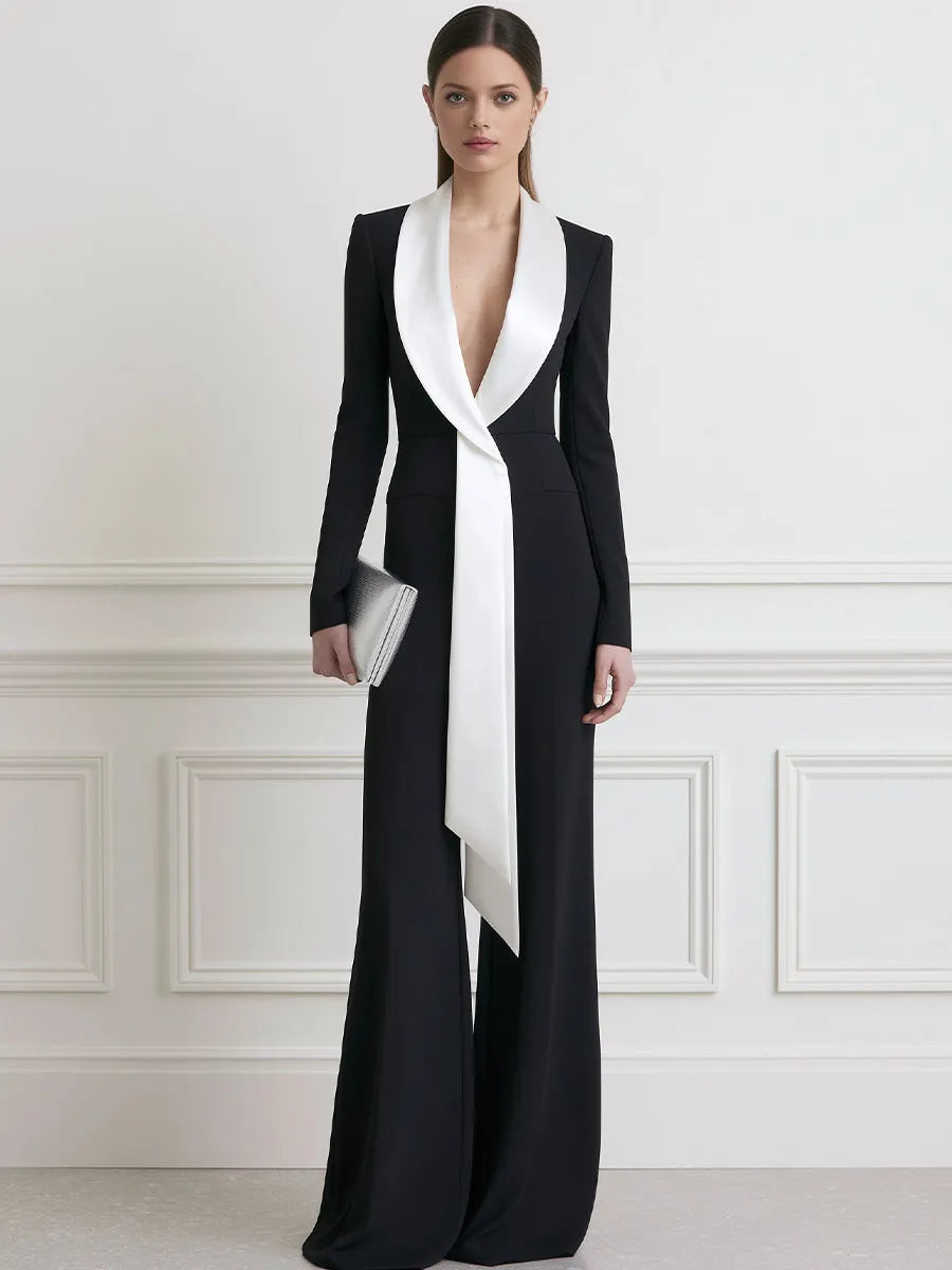 Contrast Shawl Collar Long Sleeve Wide Leg Jumpsuit