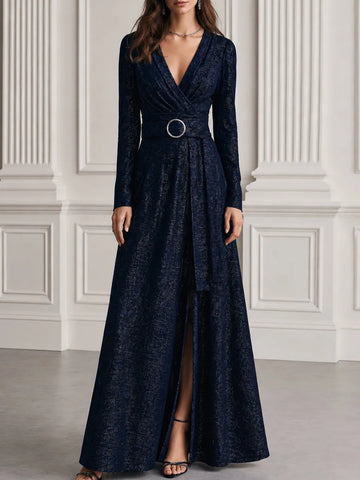 Lurex Surplice V-Neck Circle Buckle Belt Maxi Evening Gown