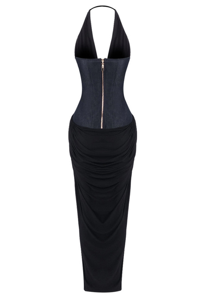 Halter Denim Insert Maxi Dress Black