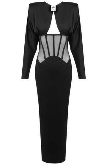 Long Sleeve Structured Mesh Maxi Dress Black