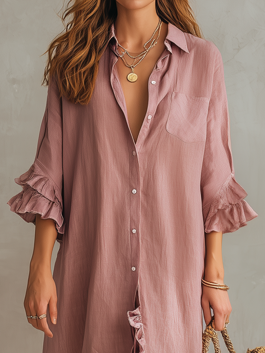 Romantic Ruffled-Trim Button-Down Shirt Maxi Dress