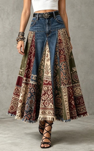 Bohemian Patchwork Denim Maxi Skirt