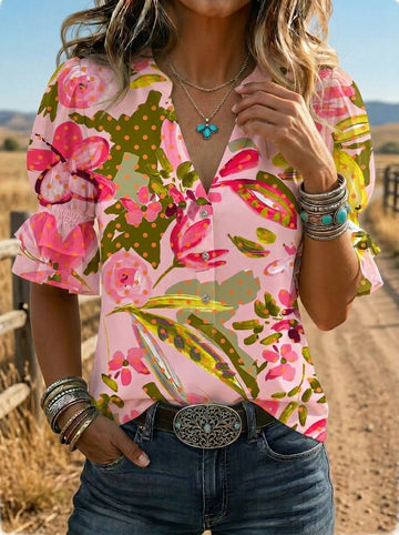 Women's Retro Floral Art Puff Sleeve Casual Shirt