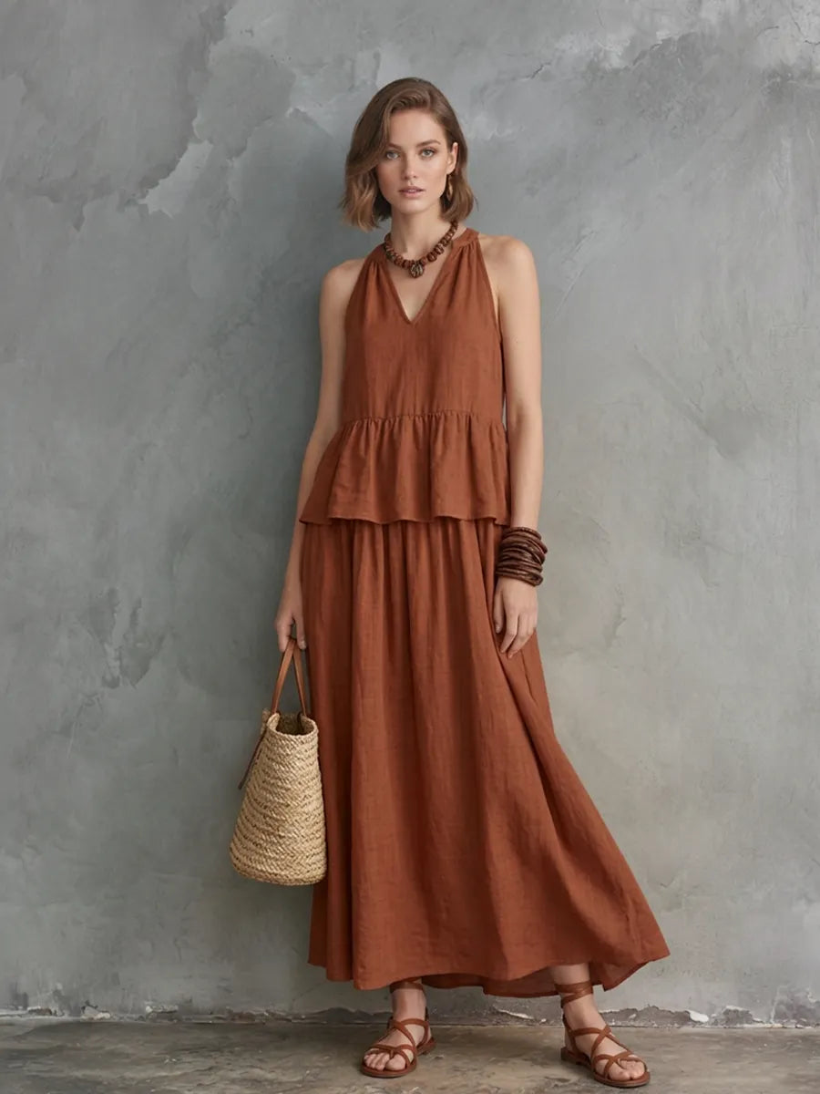 Women's Vacation Caramel Linen-Cotton Halter V-Neck Tiered Maxi Dress MDZ2337D9GMJ