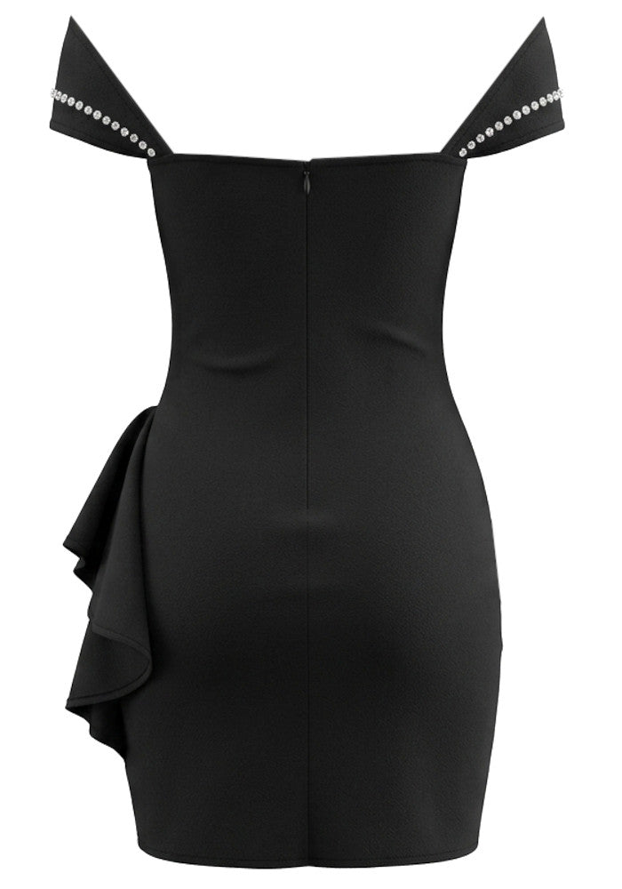 Crystal Bardot Ruffle Detail Dress Black