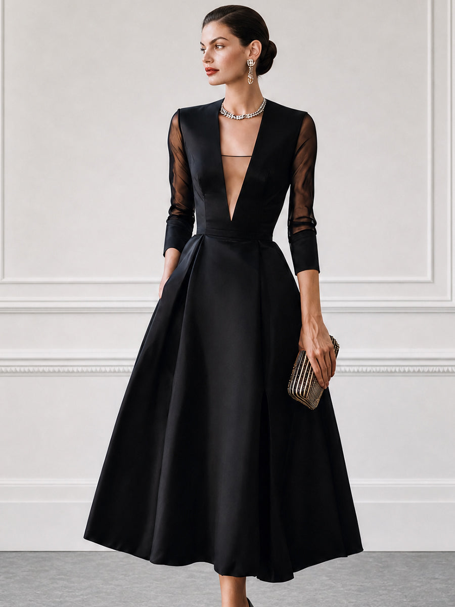 Satin Plunge-Neck Mesh-Sleeve Fit-and-Flare Midi Dress