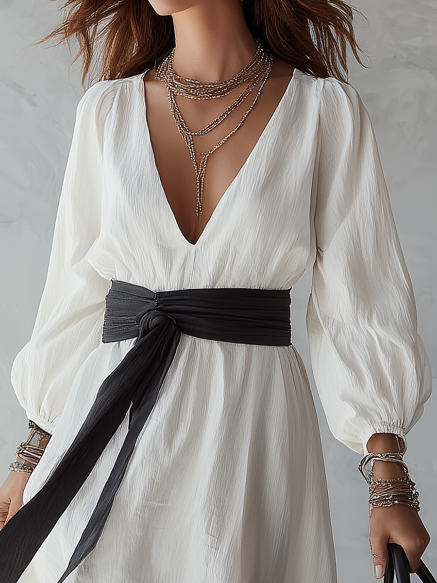 Minimalist V-Neck Puff-Sleeve Slit Maxi Dress