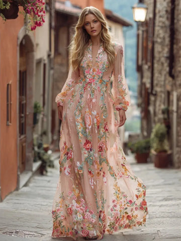 Women's Floral Art Print Linen V-neck Long Sleeve Dress