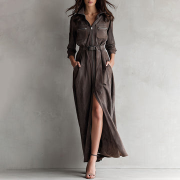 Utility Taupe Eco Suede Zipper Belted Maxi Dress