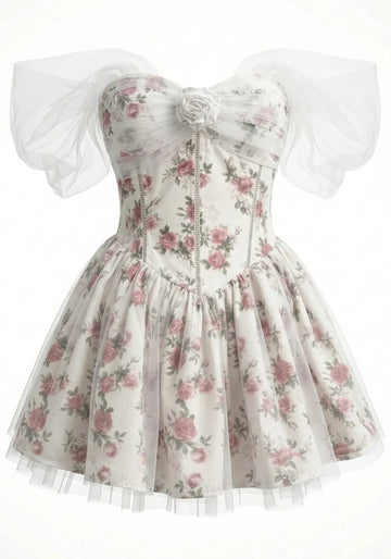 Mesh Bardot Floral A Line Dress White